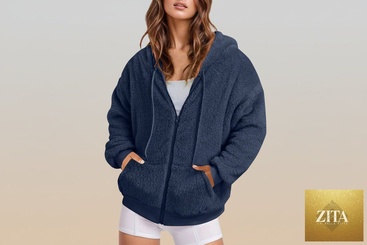 Oversized Fit zip-up hoodie by FitiqueFit in soft cotton velvet fabric, showing front view with long sleeves and hood.