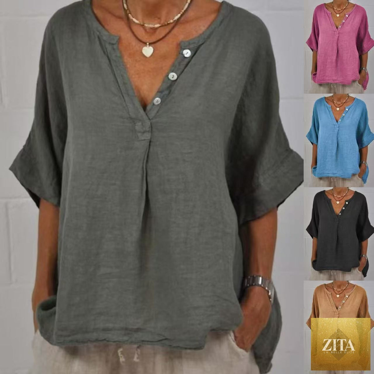 Women's cotton linen V-neck button-up shirt in casualwear style by Zita La Belle Elite, shown in a relaxed fit.
