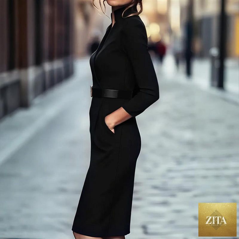 Women’s black FitiqueFit bodycon midi dress, casualwear, shown on a model, fitted style with short sleeves and round neckline.