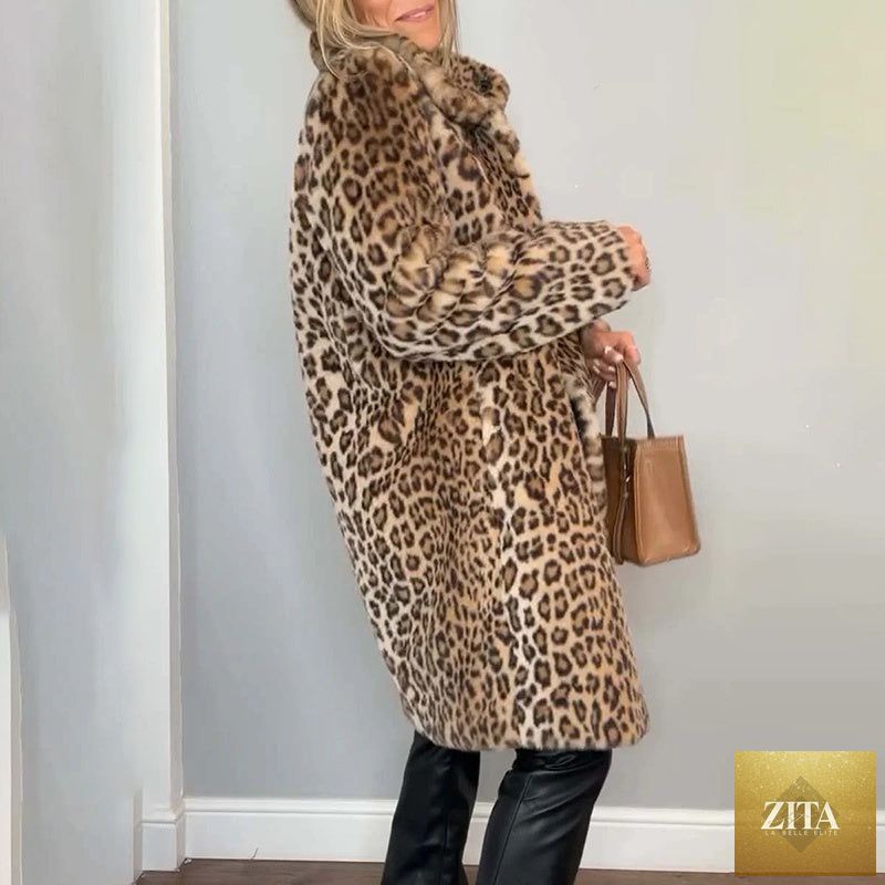 Leopard print plush jacket by FitiqueFit featuring cozy, loose-fit mid-length design and stylish animal print fabric.
