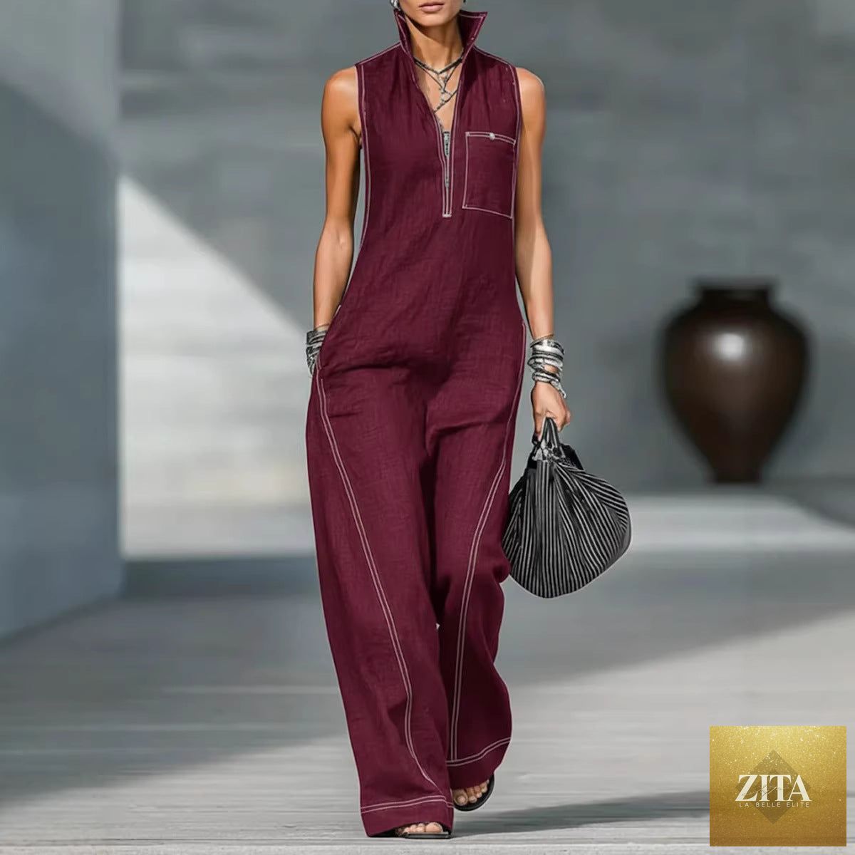 LadyShow.Store women's sleeveless summer jumpsuit with stand-up collar, pockets, casual style, and trouser design.