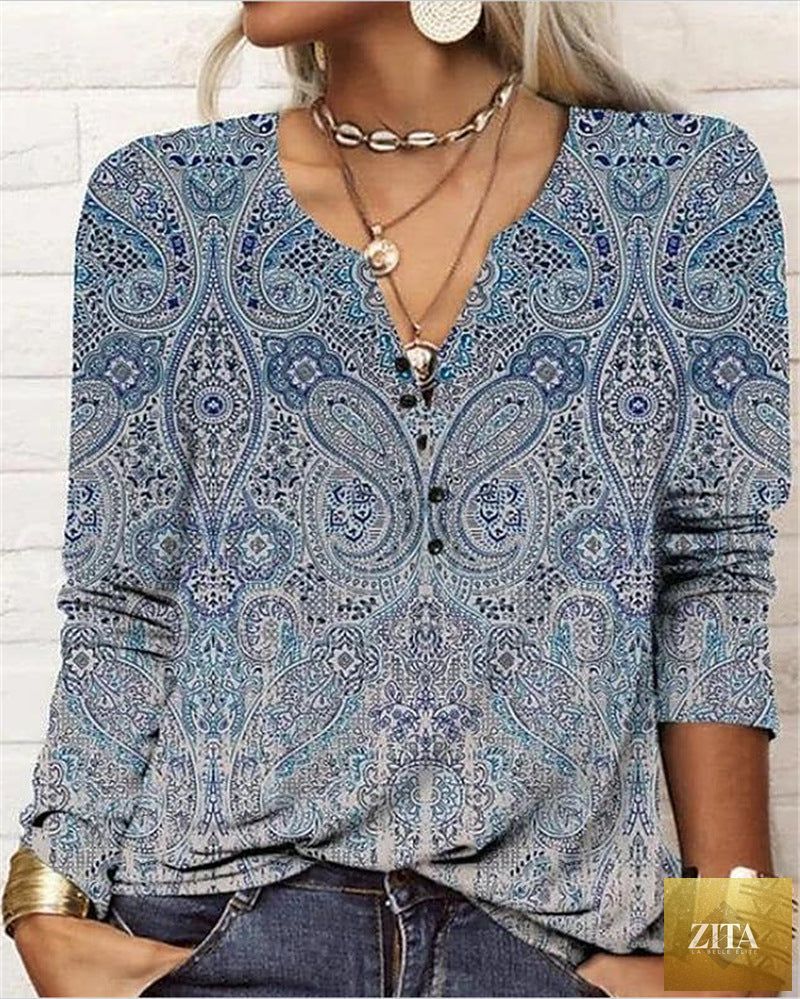 Women's ethnic print V-neck long sleeve casual T-shirt by Zita La Belle Elite, loose fit with vibrant pattern and comfortable fabric.