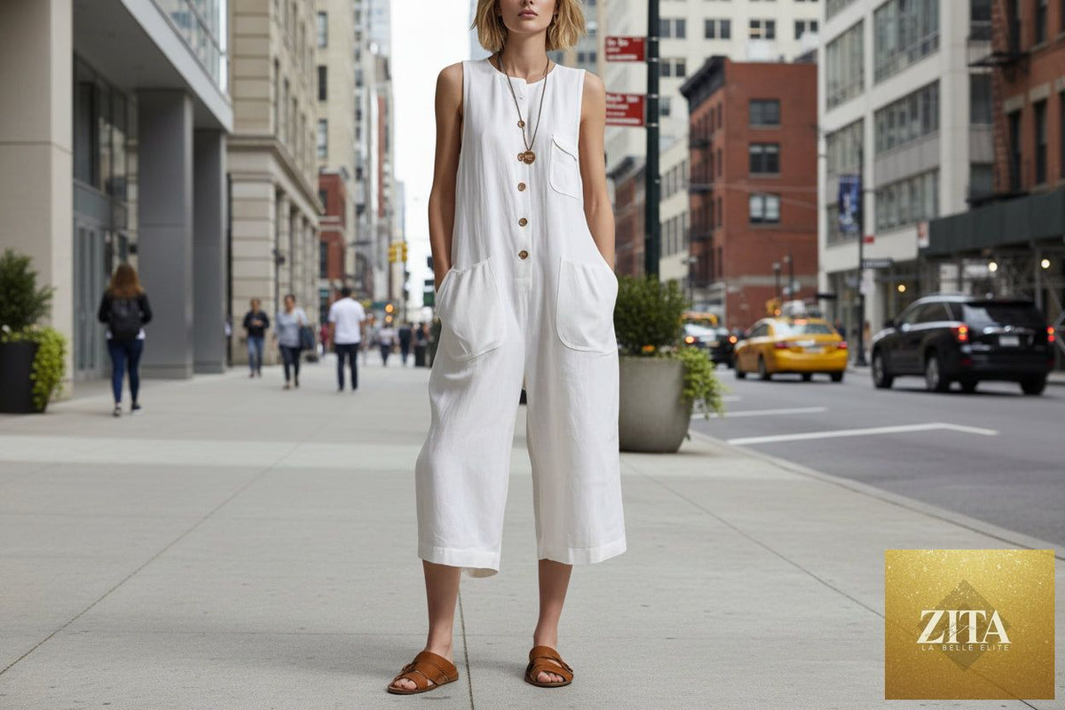 Women's retro sleeveless wide-leg cropped jumpsuit by Zita La Belle Elite, casualwear style with relaxed fit and stylish design.