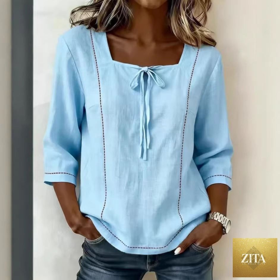 Printed lace-up square-neck casual shirt with three-quarter sleeves in ramie fabric by Zita La Belle Elite.