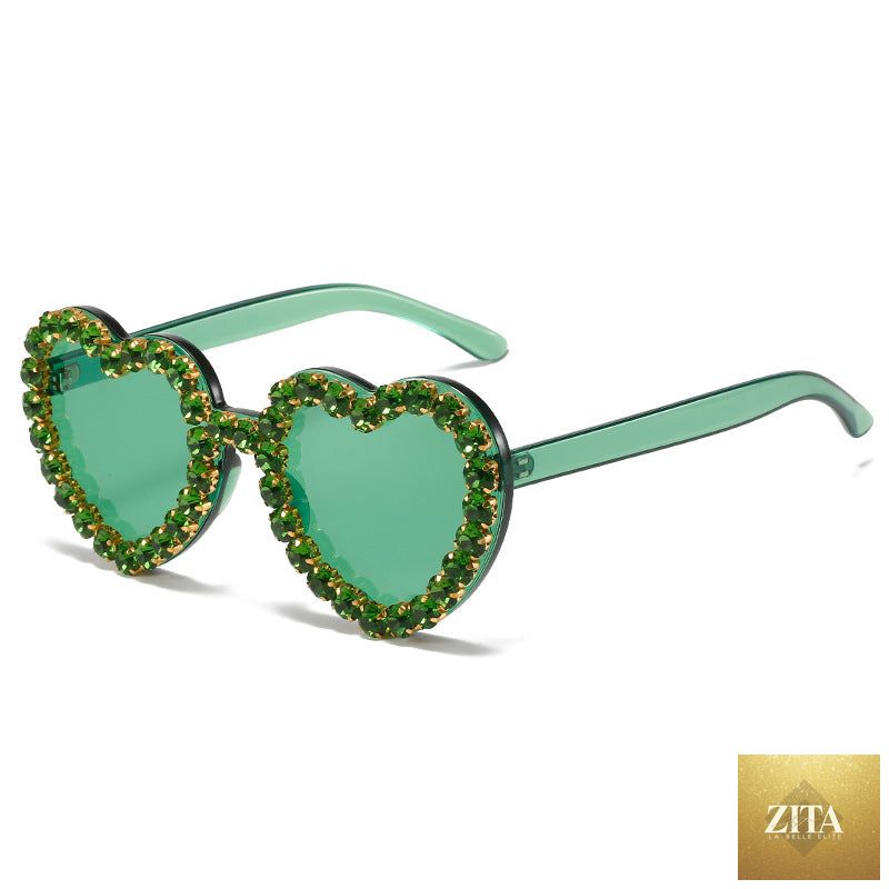 Peach heart-shaped rhinestone sunglasses by FitiqueFit, Y2K INS style, with sparkling rhinestone embellishments and trendy eye wear design.