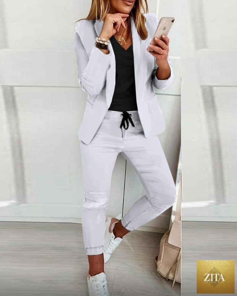 FitiqueFit lapel blazer and drawstring trousers two-piece suit in multiple colors, featuring a professional tailored design.