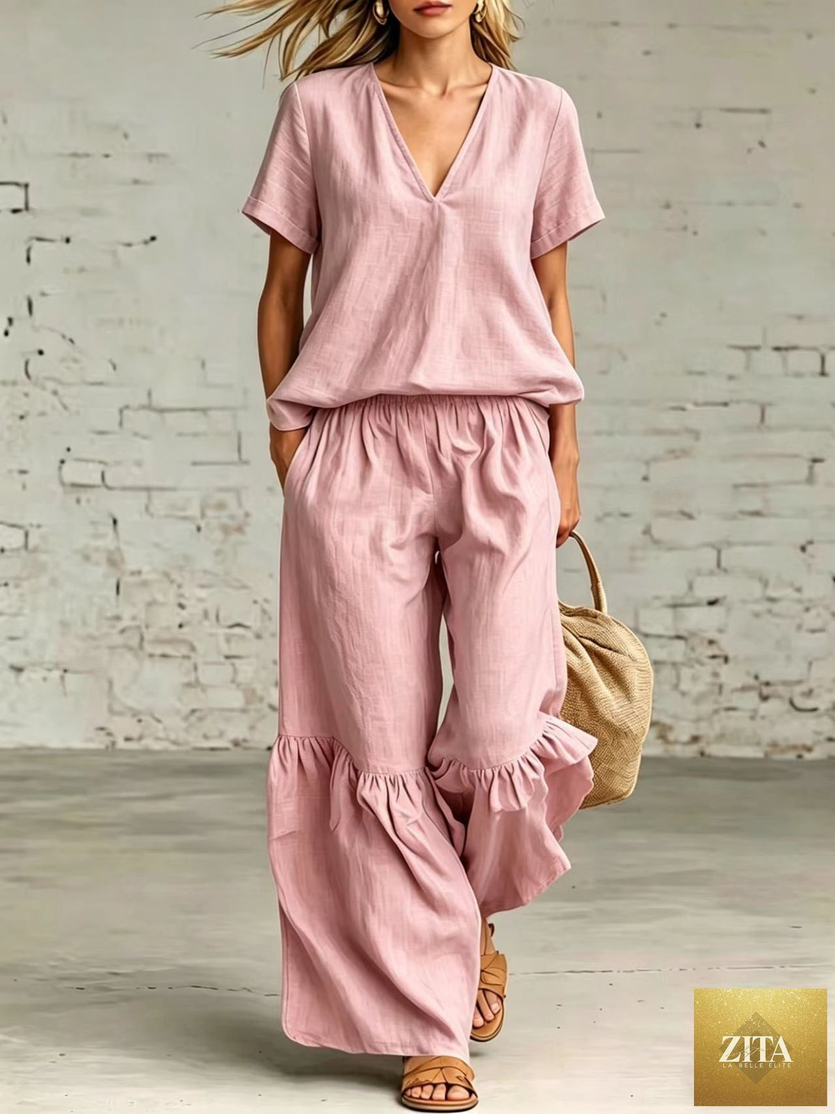 Zita La Belle Elite casualwear set with V-neck loose short-sleeve top and matching pants in five colors, available in sizes S to 5XL.