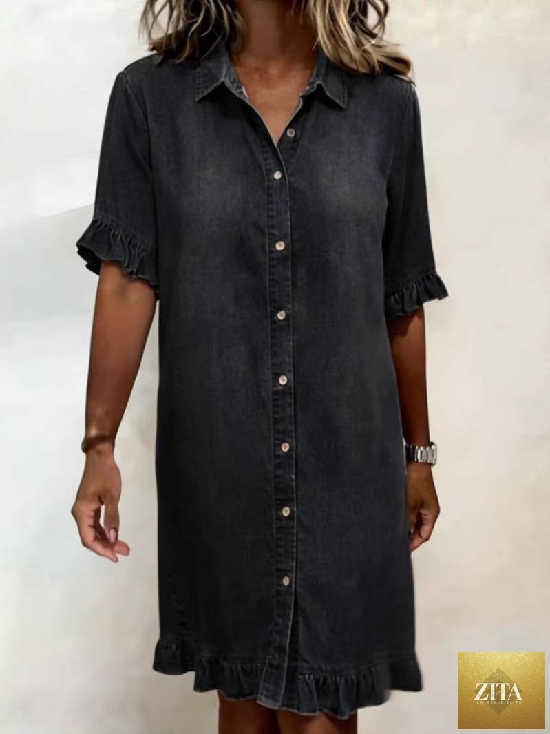 Women's faux denim ruffle-sleeve shirt dress from Zita La Belle Elite, casualwear style with button-front and ruffled sleeve details.