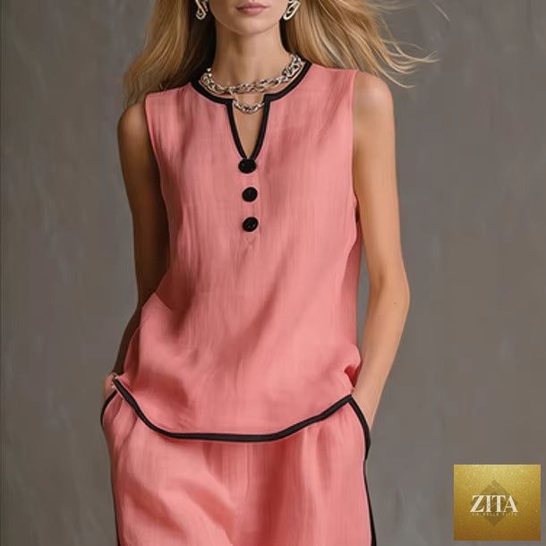 Women’s sleeveless V-neck wide-leg pants set by Zita La Belle Elite, featuring a casual, stylish two-piece outfit with a V-neck top and flowing pants.