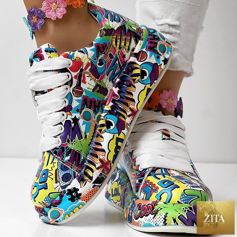 Women’s FitiqueFit round-toe lace-up sneakers with thick soles and casual print design, showcasing stylish footwear for everyday wear.