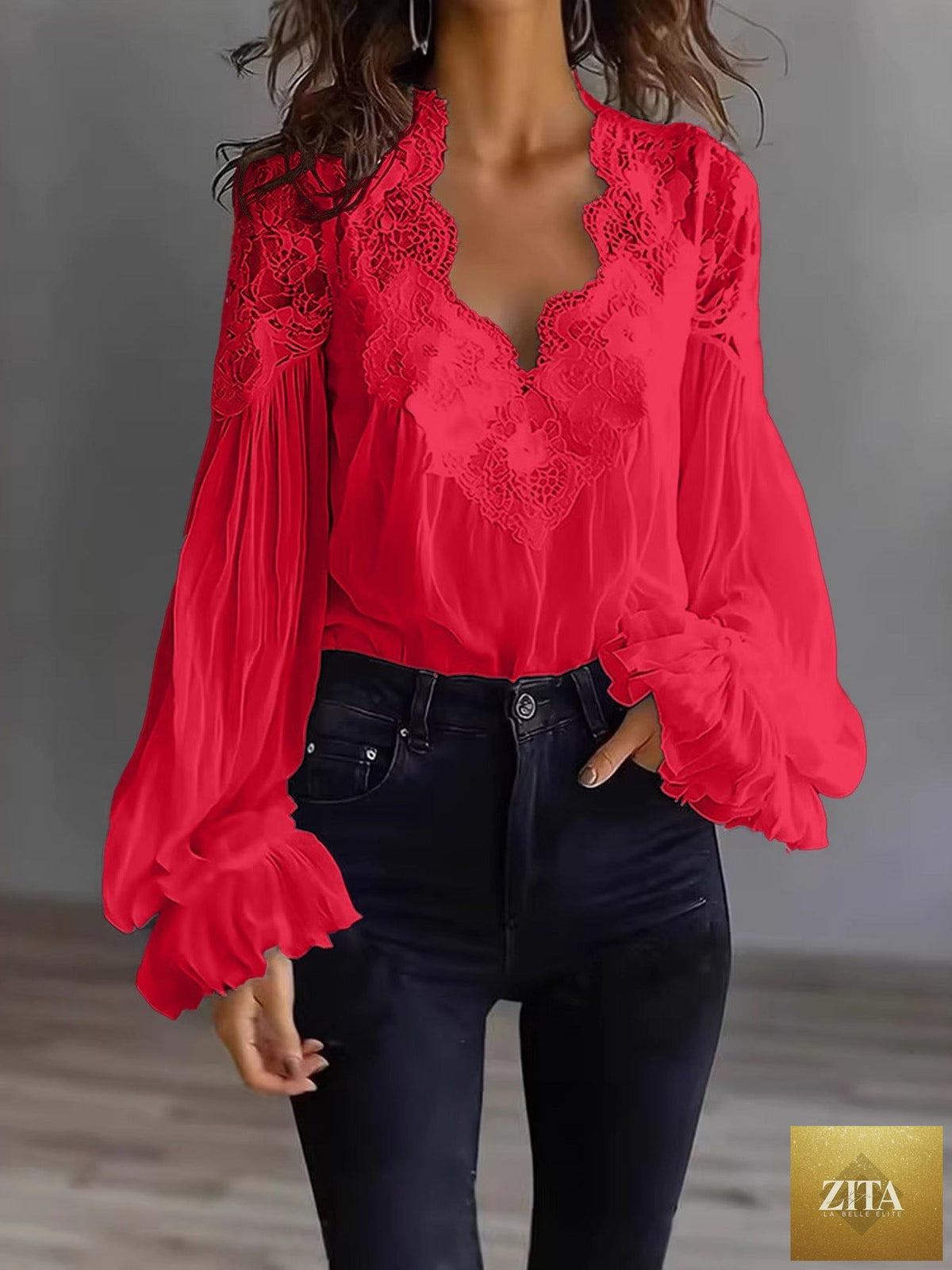 FitiqueFit ballet style lace-panel puff sleeve pleated ruffle shirt top with delicate lace details and flowing fabric.
