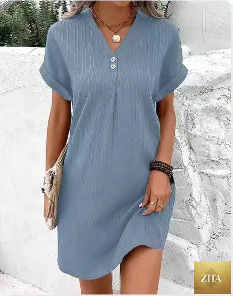 FitiqueFit short sleeve button-front V-neck dress with solid casual shirt dress style, perfect for everyday wear.