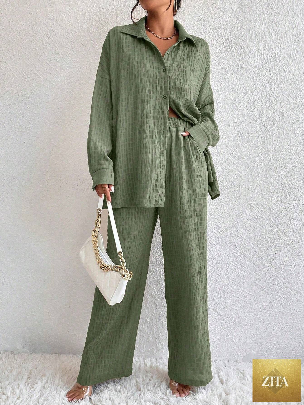 Zita La Belle Elite women's casual two-piece set with pleated long sleeve top and matching loose pants, stylish and comfortable.