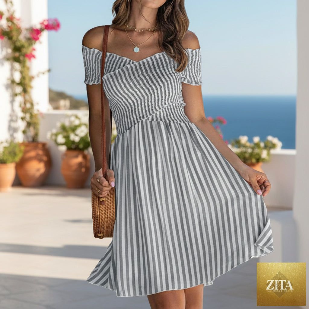 Women's off-shoulder striped waist-cinching midi dress by Zita La Belle Elite, casualwear with a fitted silhouette and bold stripes.
