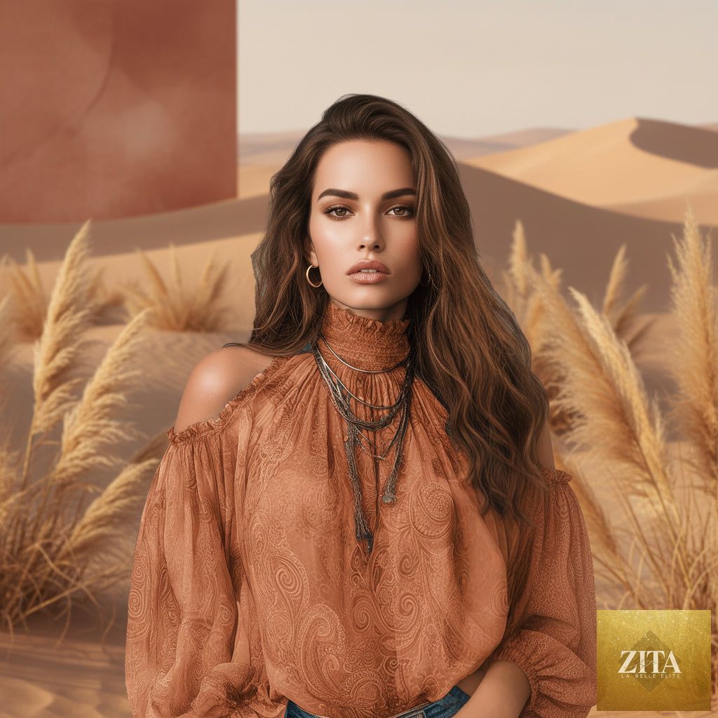 Women's retro cashew print off-shoulder blouse with lantern sleeves by Zita La Belle Elite, casualwear style.