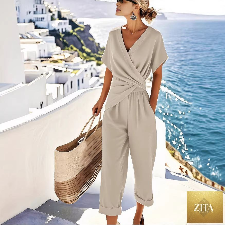 Women’s loose irregular short-sleeve two-piece casualwear set by Zita La Belle Elite, featuring relaxed fit top and matching shorts.