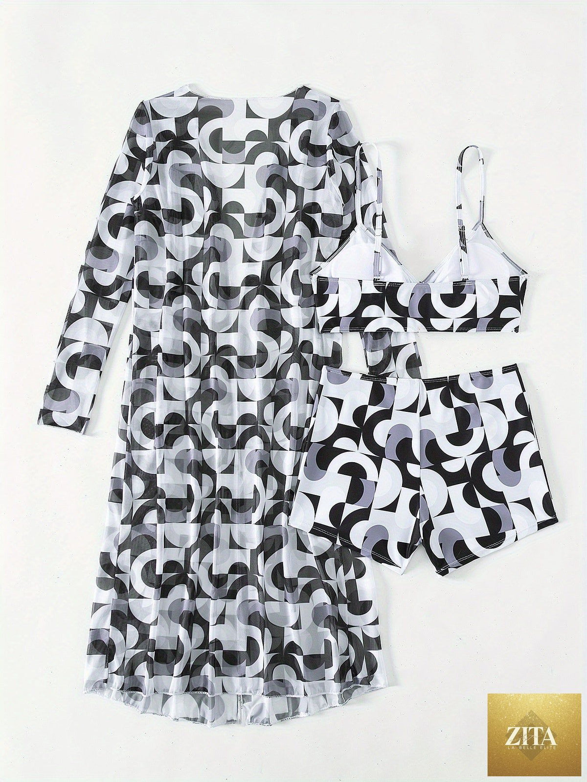 Stevvex Luxe Lines 3-piece geometric bikini set for women with high rise drawstring top, boxer shorts, and sheer kimono cover-up.