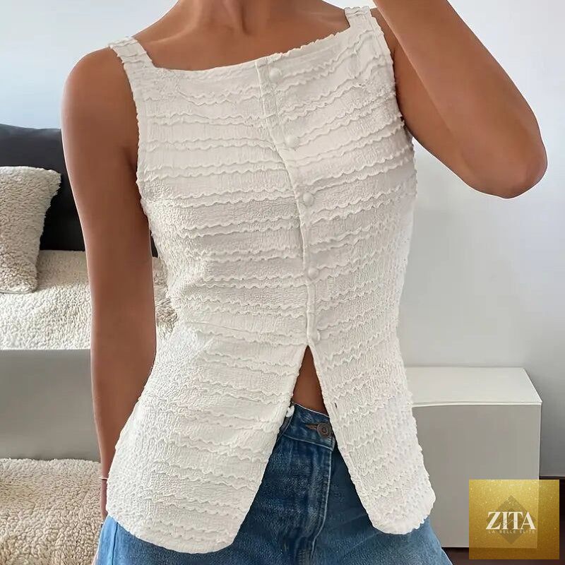 Zita La Belle Elite square neck button-up vest top in Y2K style, casualgoing out tank top with trendy square neckline and button details.