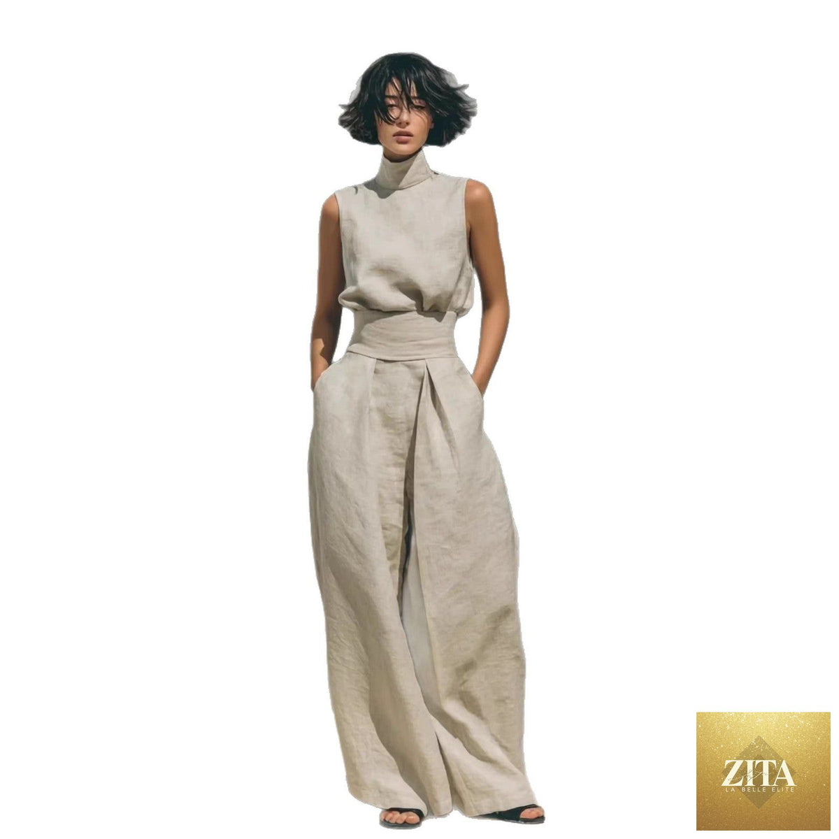 Casual sleeveless summer suit by LadyShow.Store with stand-up collar pullover top and loose straight-leg trousers for women.
