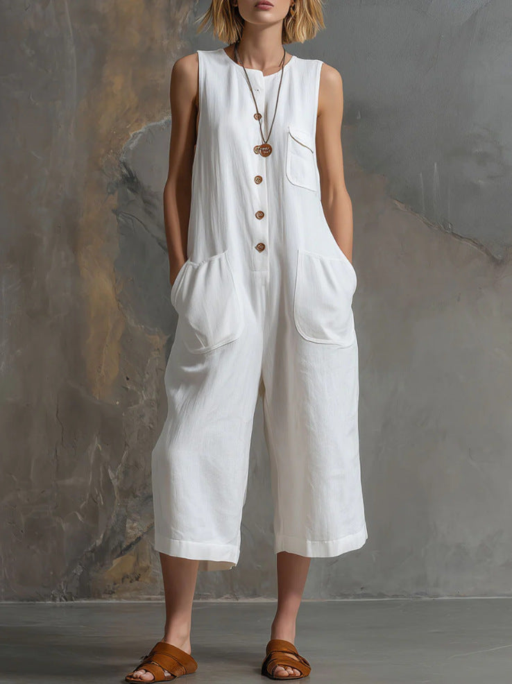 Women's retro sleeveless wide-leg cropped jumpsuit by FitiqueFit, featuring a casual, relaxed fit with a stylish vintage-inspired design.