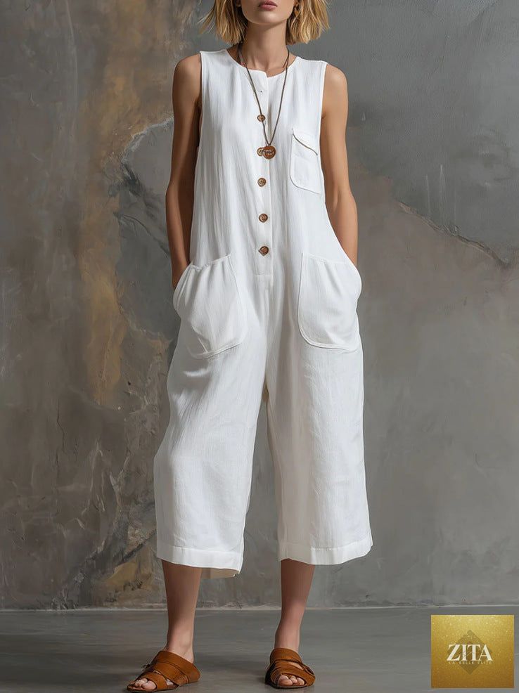Retro sleeveless cotton-linen wide-leg cropped jumpsuit with a relaxed fit, displayed on a hanger.