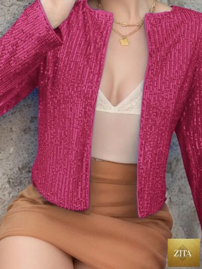 Zita La Belle Elite women's full-size sequin cropped party jacket with open front and glamorous sparkle, perfect for special occasions.