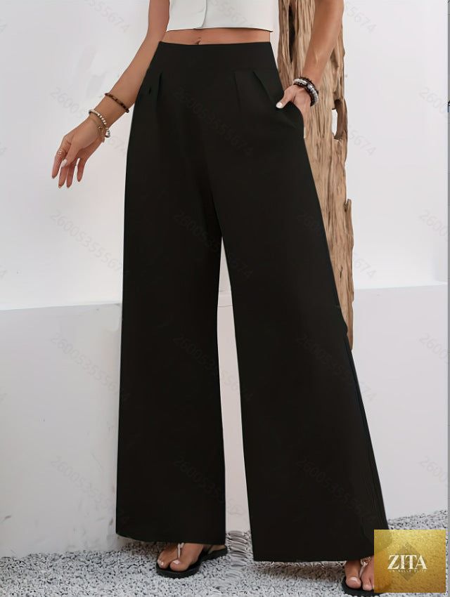 Women's high-waist wide-leg trousers with pockets from Zita La Belle Elite, full length, showcasing stylish and comfortable design.