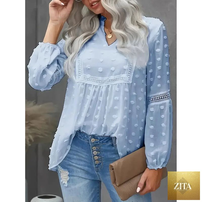 Women’s long-sleeve V-neck casual blouse by FitiqueFit, featuring a tailored fit and classic design for business casual wear.