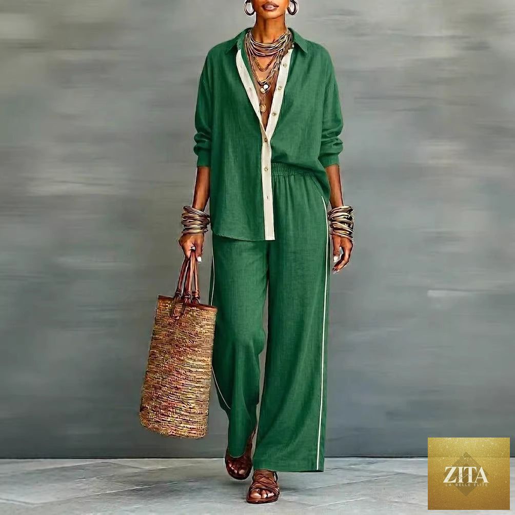 Contrast-color long-sleeve shirt and pants set by Zita La Belle Elite, casualwear two-piece outfit with stylish design.