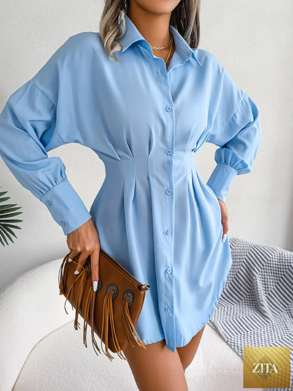 Elegant Shopimist button-down mini shirt dress with cinched waist, featuring long sleeves and classic collar for a stylish look.