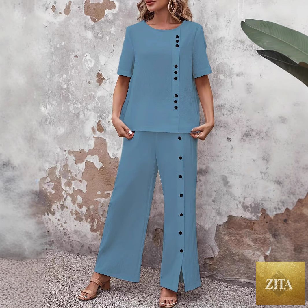 Women’s linen casualwear set featuring a button-up top and loose fit two-piece design by Zita La Belle Elite.