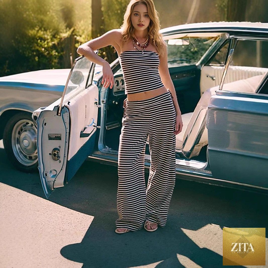Zita La Belle Elite women's striped tube top and matching pants set in casual modal fabric, stylish 2-piece outfit.