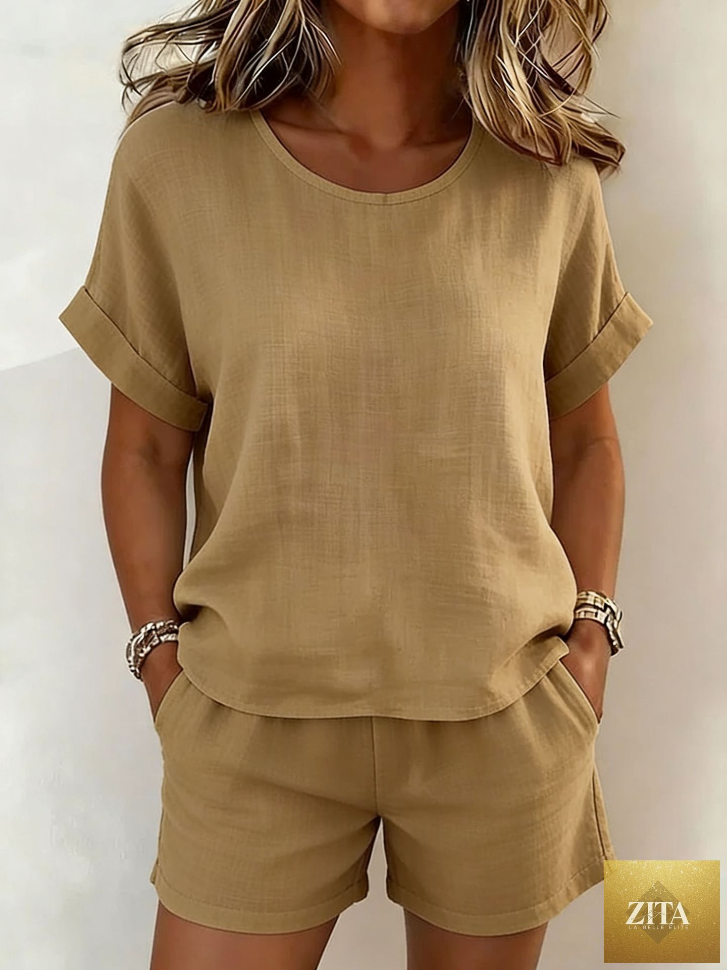 Women's Relaxed Cotton-Linen Cuffed Sleeve Top & Shorts Two-Piece Set