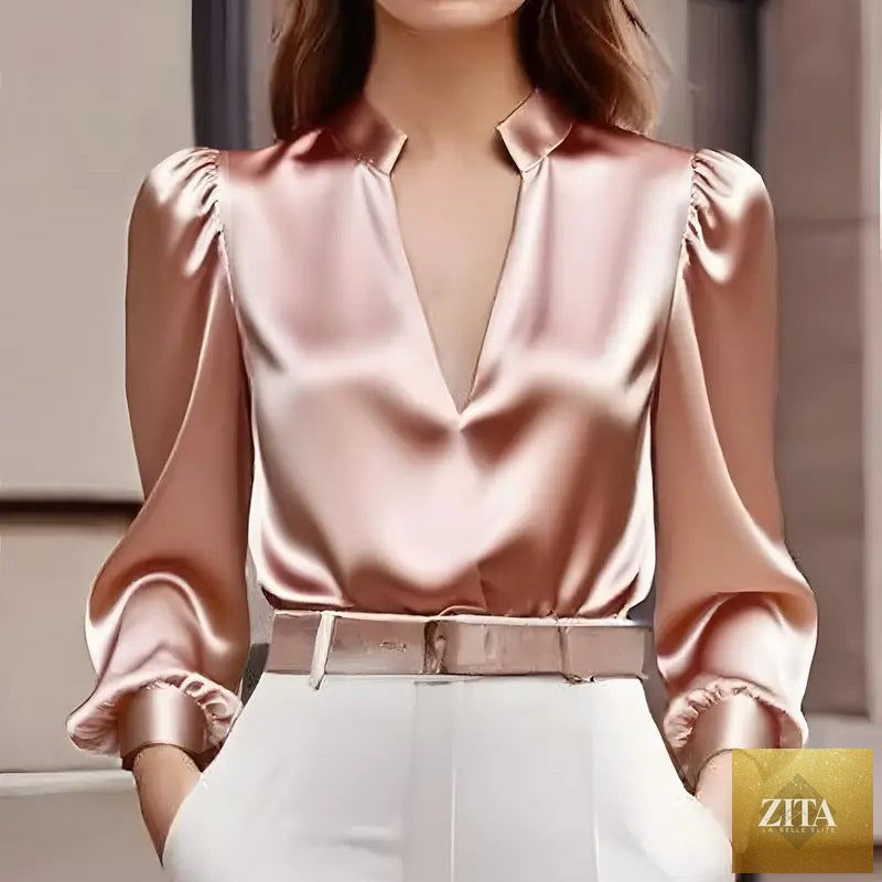 Women’s satin V-neck long sleeve blouse by FitiqueFit, slim fit solid color top with elegant satin fabric and V-neck design.