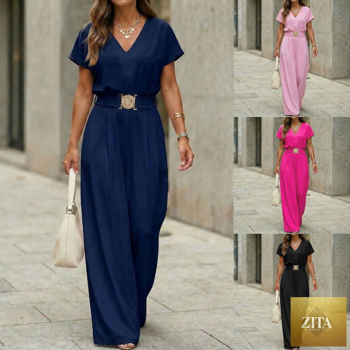 Women's FitiqueFit V-neck belted wide-leg jumpsuit, casualwear with a V-neck neckline, belt at waist, and wide-leg pants.
