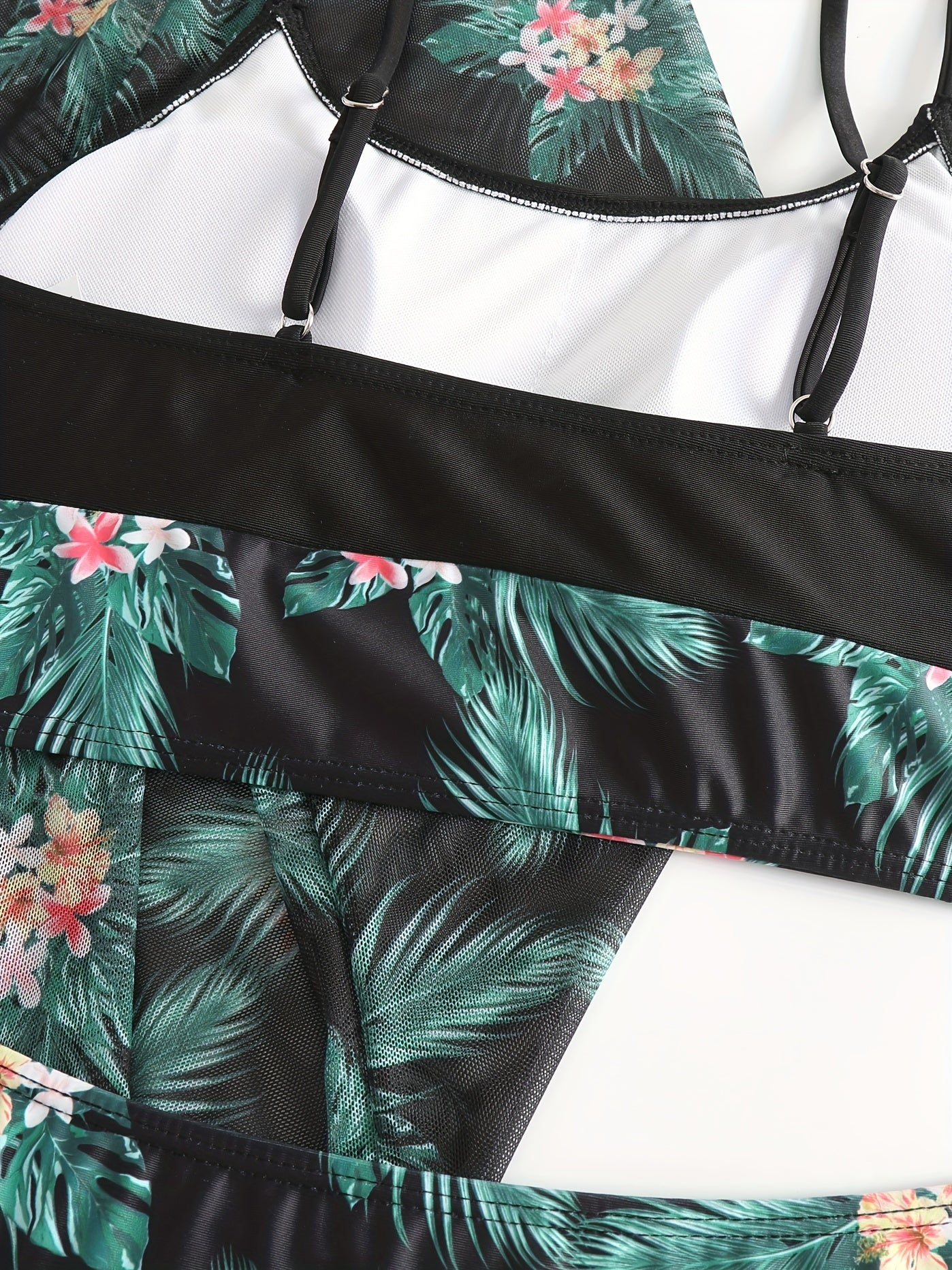 Stevvex 3-piece tropical print bikini set with high stretch fabric, includes mesh cover-up, perfect for beach and poolside summer wear.