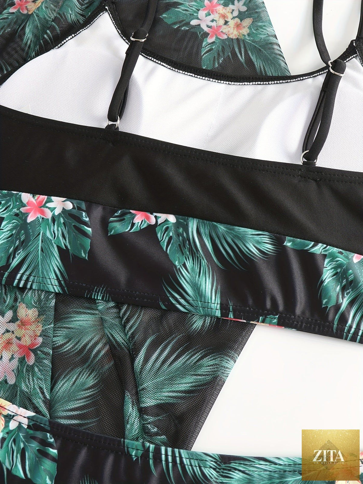 Stevvex tropical print 3-piece bikini set with high stretch fabric, crew neck mesh cover-up, perfect for summer beach and poolside style.
