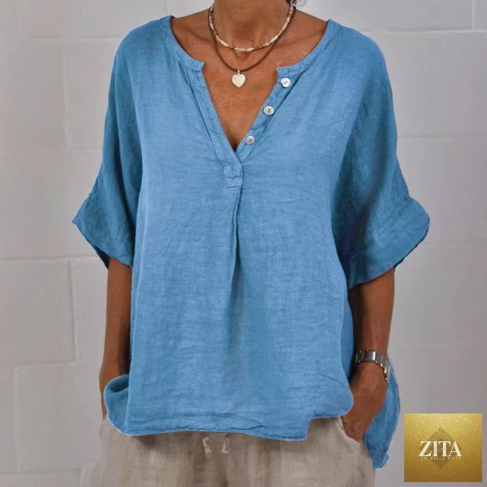 Women's cotton linen V-neck button-up shirt by Zita La Belle Elite, casualwear, shown in a relaxed fit with long sleeves.