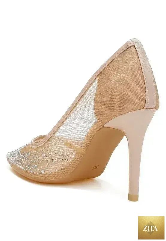 Zita La Belle Elite high ball mesh rhinestone stiletto pumps with pointed toes and transparent mesh uppers, stylish heel shoes.