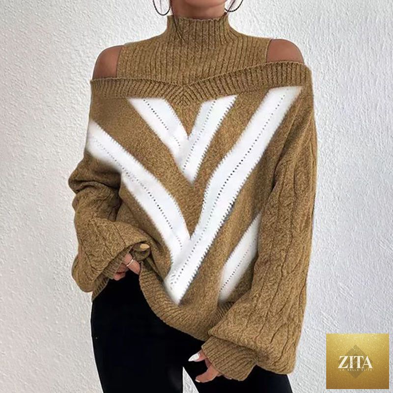 Women’s elegant off-shoulder turtleneck sweater by FitiqueFit, long sleeve knit top in a stylish casualwear design.