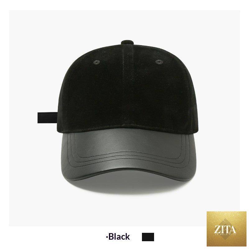 Women's retro suede patchwork baseball cap with leather brim and dome crown, stylish FitiqueFit hat for casual wear.