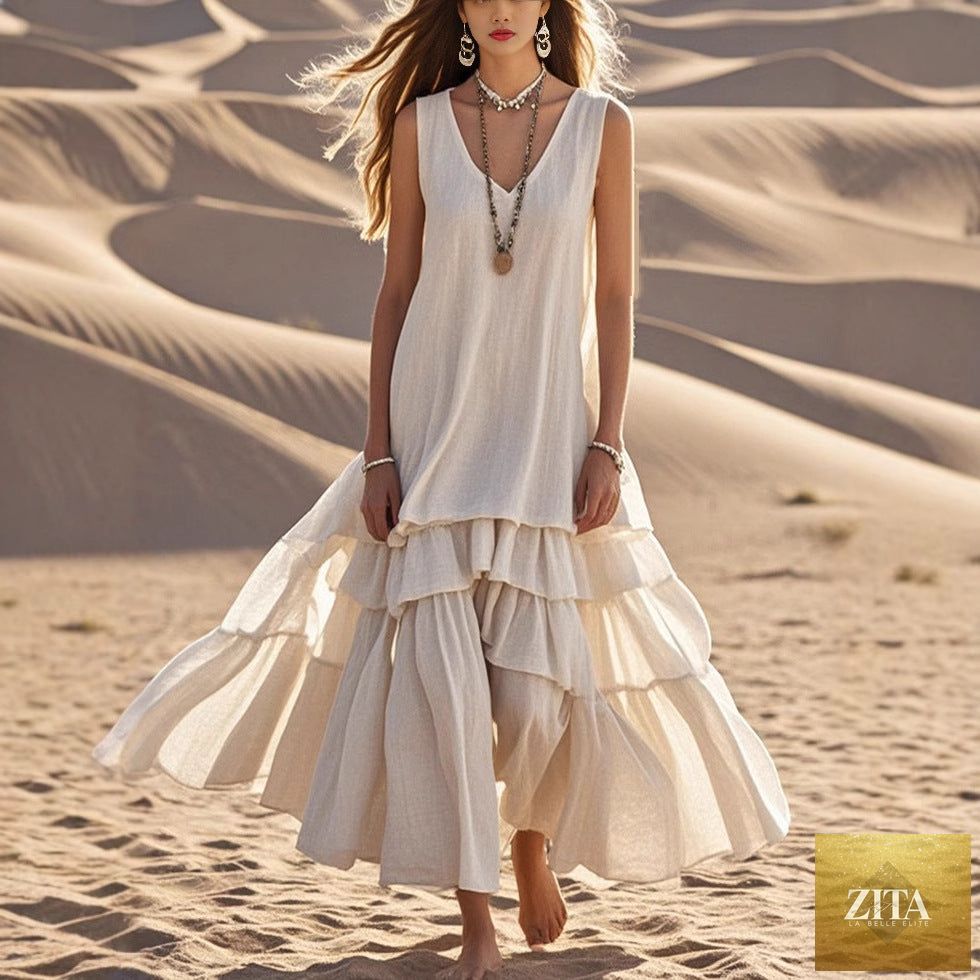 Sleeveless cotton-linen maxi dress with loose umbrella skirt style by FitiqueFit, perfect for casual summer wear.