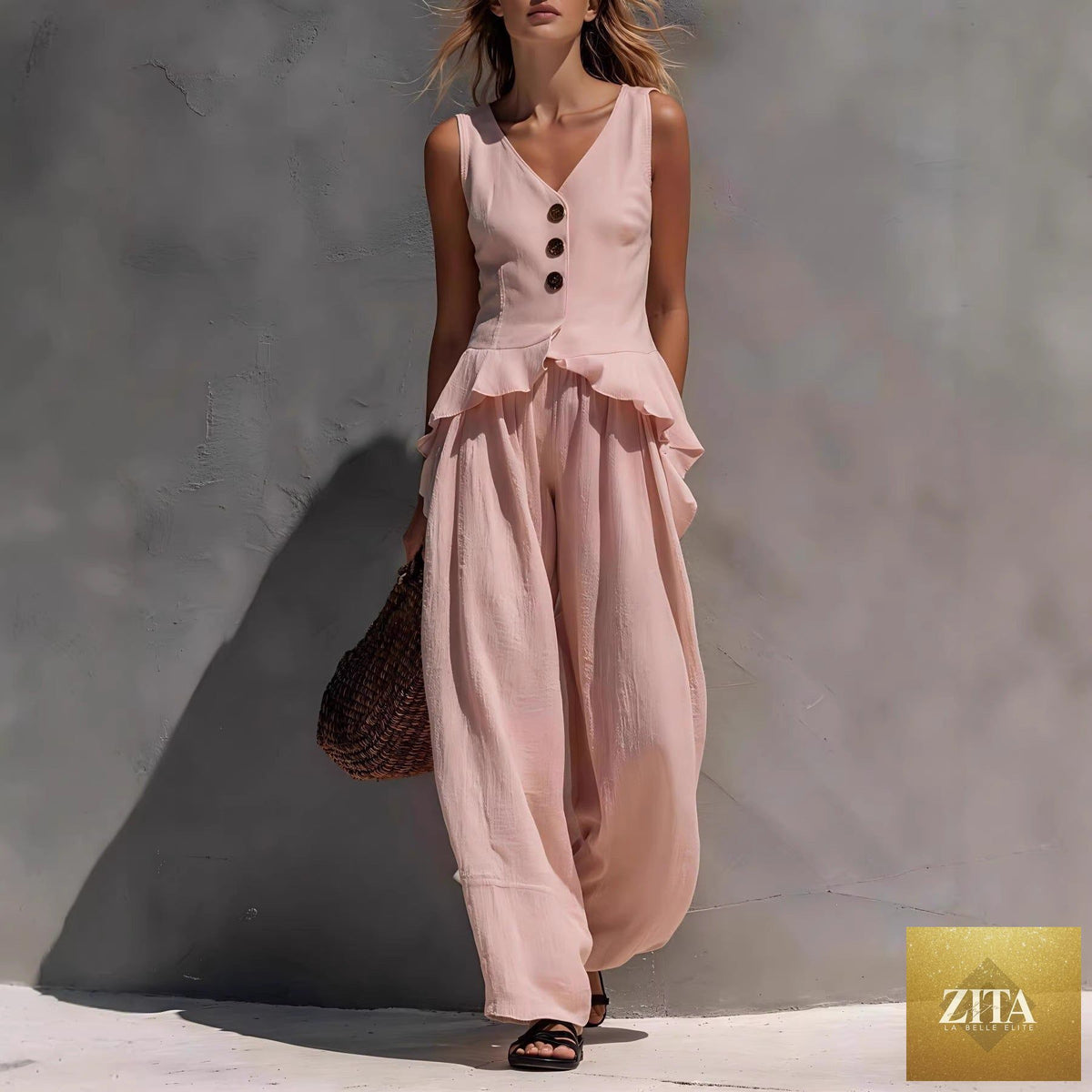 Zita La Belle Elite ruffled tank top and draping wide-leg pants set in various colors, displayed on a model.
