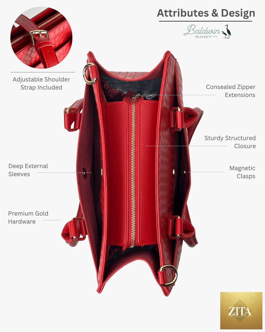 Closed view of the Baldwin Baby Company Montrose Diaper Bag Tote in Cardinal, showing its stylish design and spacious compartments.