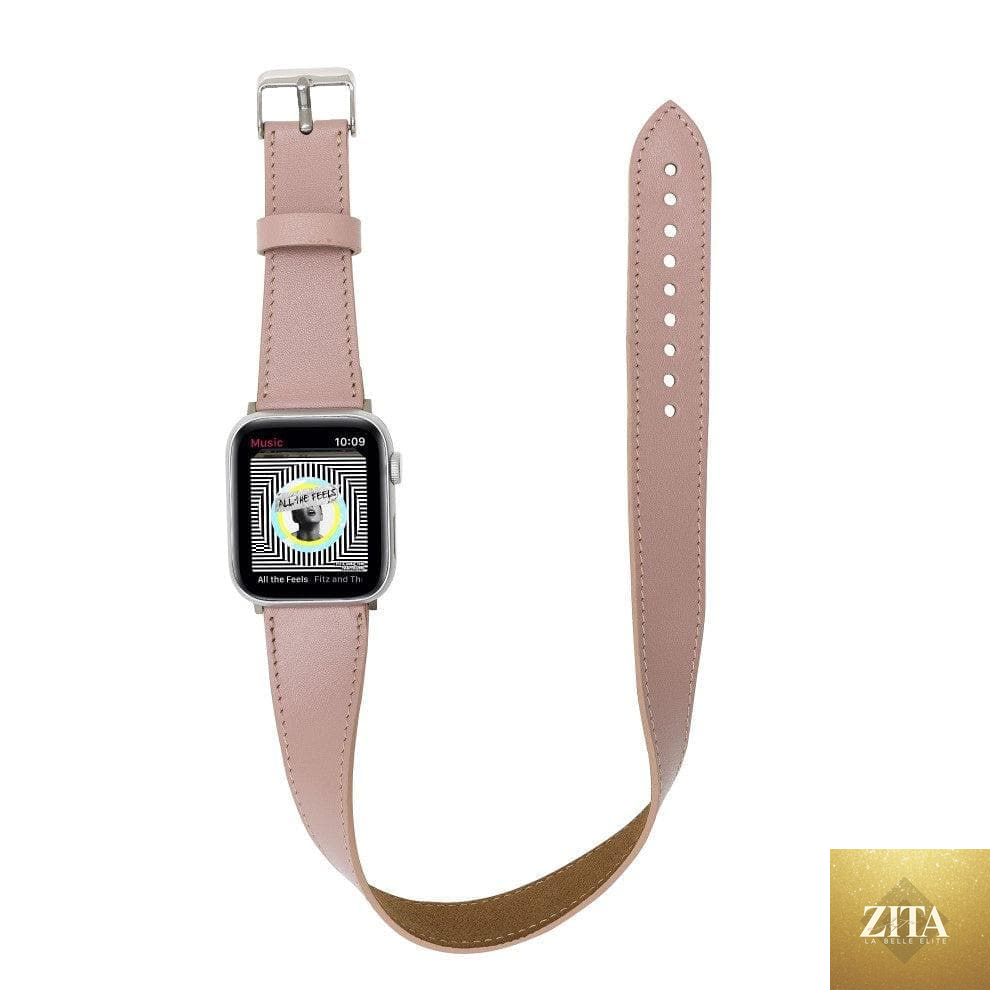 Luxury double wrap pink leather Apple Watch band by LEATHERE, featuring a stylish and elegant design for Apple Watch.