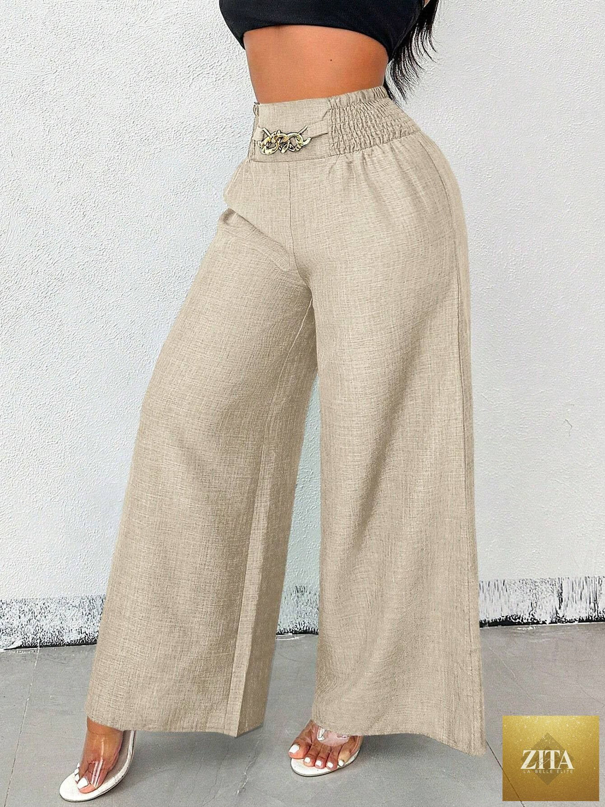 Women's high-waist drapey wide-leg casual pants by Zita La Belle Elite, featuring elastic drawstring in five colors.
