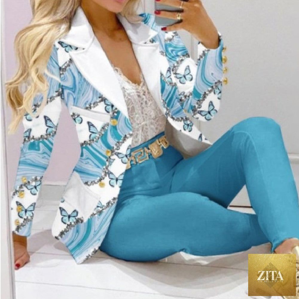 Women's printed coat and trousers two-piece set by Zita La Belle Elite, casual fashion suit with colorful patterns and comfortable fit.