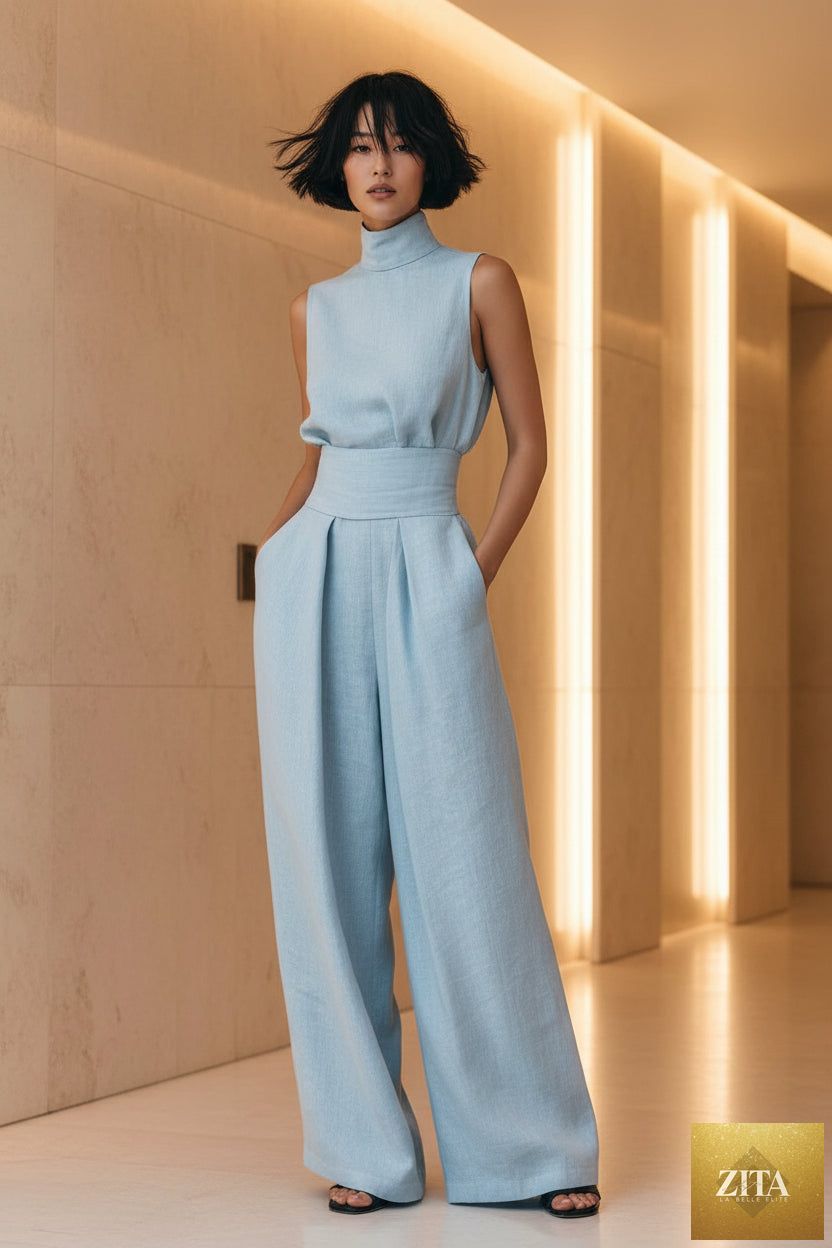 Women's linen-blend high-neck sleeveless top and wide-leg pants set by MERIDGE, shown in a stylish two-piece outfit.