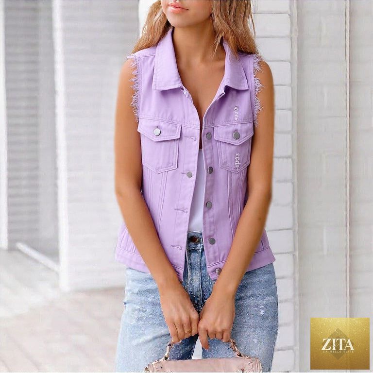 Women's colorful denim-style vest jacket by Zita La Belle Elite, featuring vibrant patchwork and casual spring and summer style.