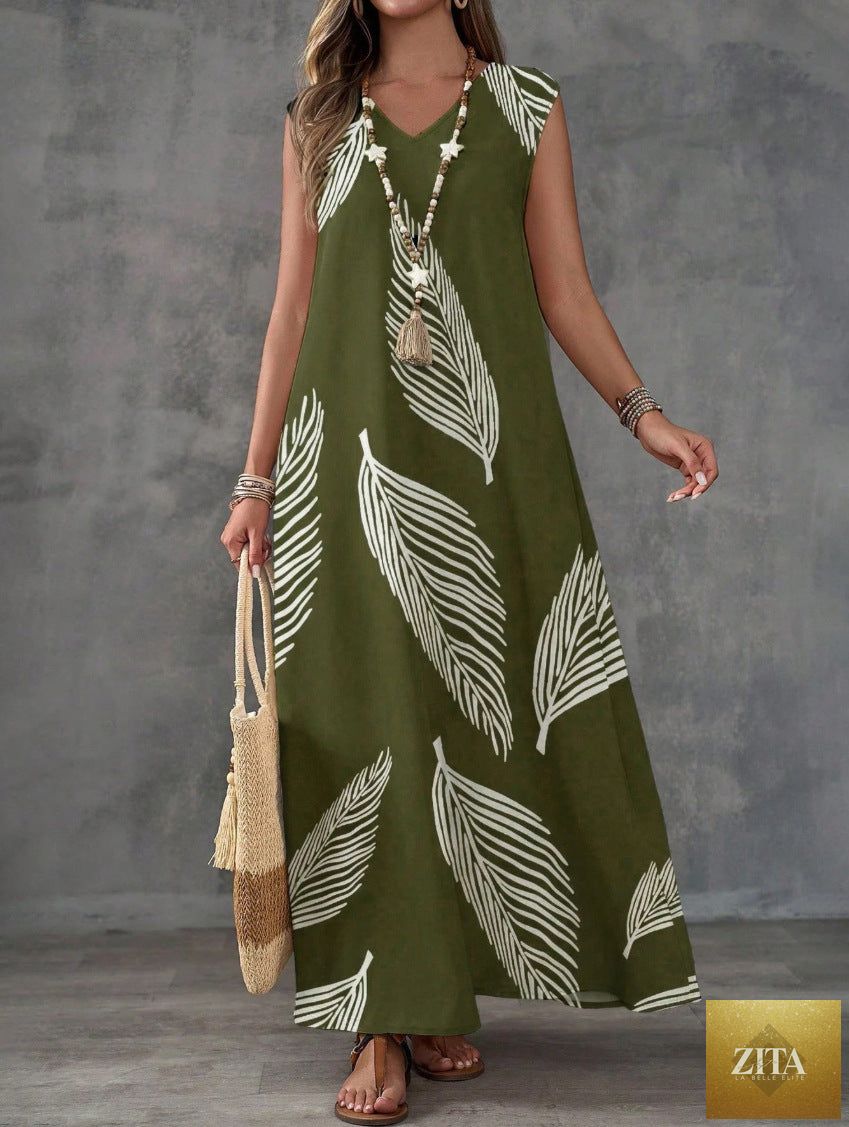 Printed V-neck sleeveless high-waist maxi dress by FitiqueFit in three colors, featuring a flowing design and vibrant floral patterns.